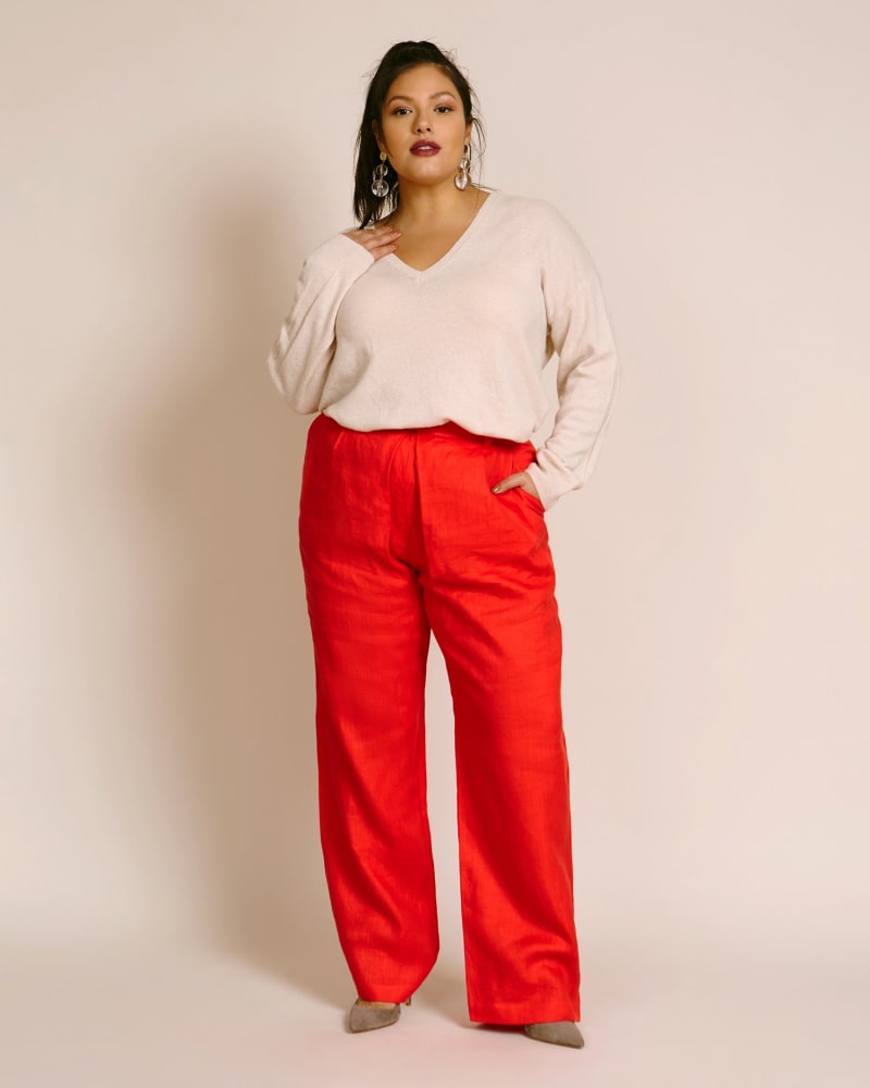 Front of a model wearing a size 14 Eldora Pant in Red by Mara Hoffman. | dia_product_style_image_id:225458